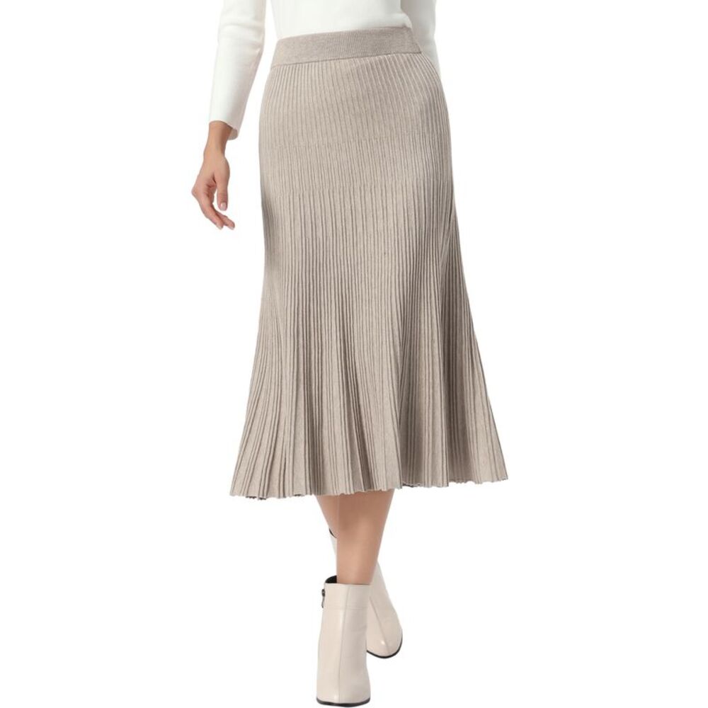 Women's Elastic Waist Casual Pleated Skirt Knit Maxi Skirt Camel